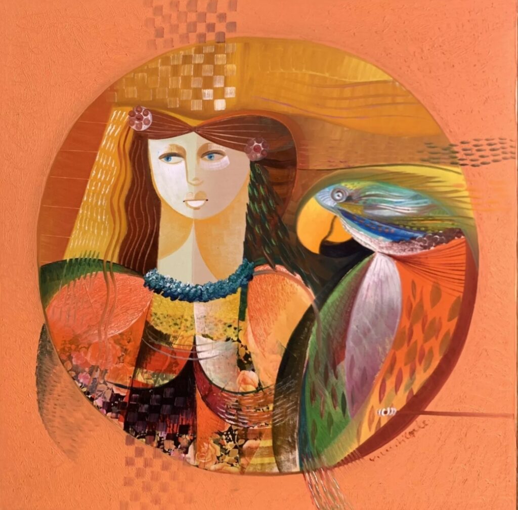 Vittorio Maria di Carlo "Donna con pappagallo" 1996 - olio su tela, cm 70 x 70
