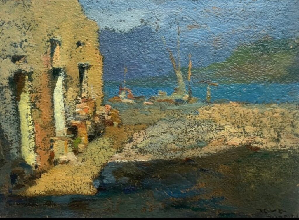 Seve Sospizio (Perugia, 1908 - Senigallia (An), 1962) "Spezia - Lerici" 1954 - olio su cartoncino, cm 18 x 25,5