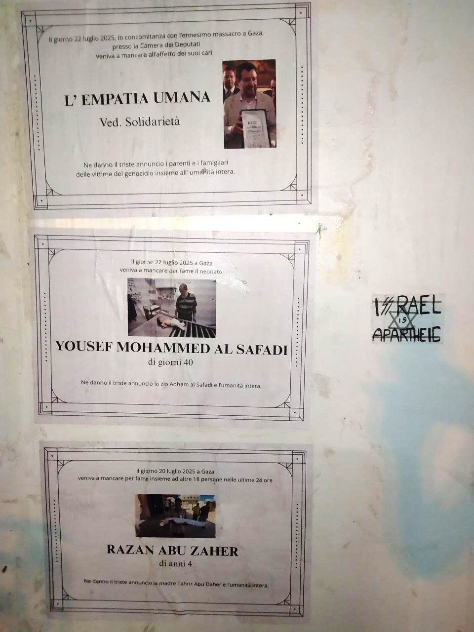 ANNUNCI MORTUARI CONTRO IL GENOCIDIO PALESTINESE RITRAGGONO SALVINI E SCOPPIA LA POLEMICA