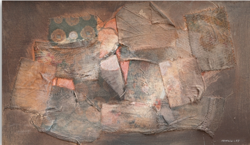 FELICE CANONICO (Messina, 1922 - Milano, 1997) "Ode barbara" 1957 - Tecnica mista e collage su tavola, cm 31x53