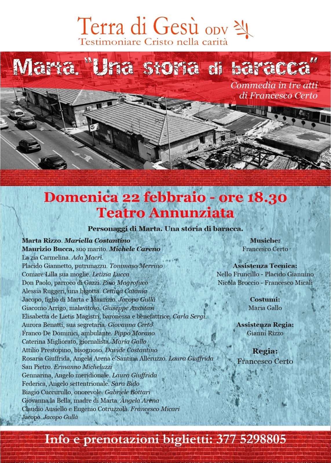 Terra di Gesù: il 22 febbraio a teatro per solidarietà con la commedia “Marta”