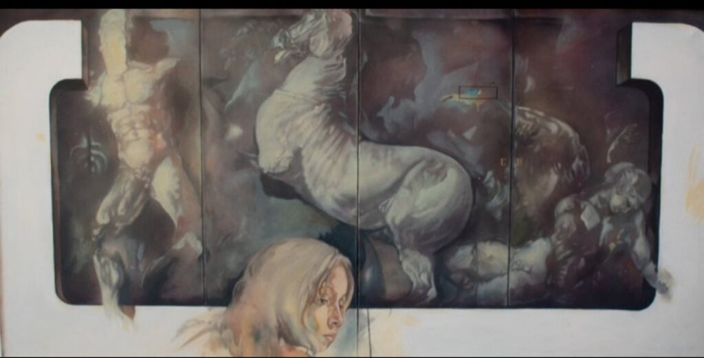 Andrea Vizzini (Grotte, 1949) "Per l'altare di Pergamo - Dittico. Opera A" 1977-79, tecnica mista su tela, cm 100 x 190